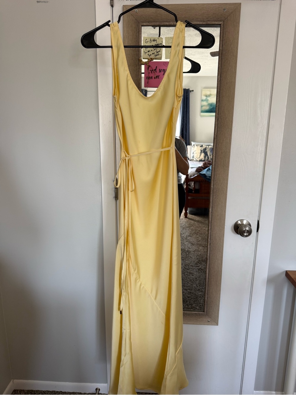 Beginning Boutique Pale Yellow Maxi Slip Dress with Waist Tie